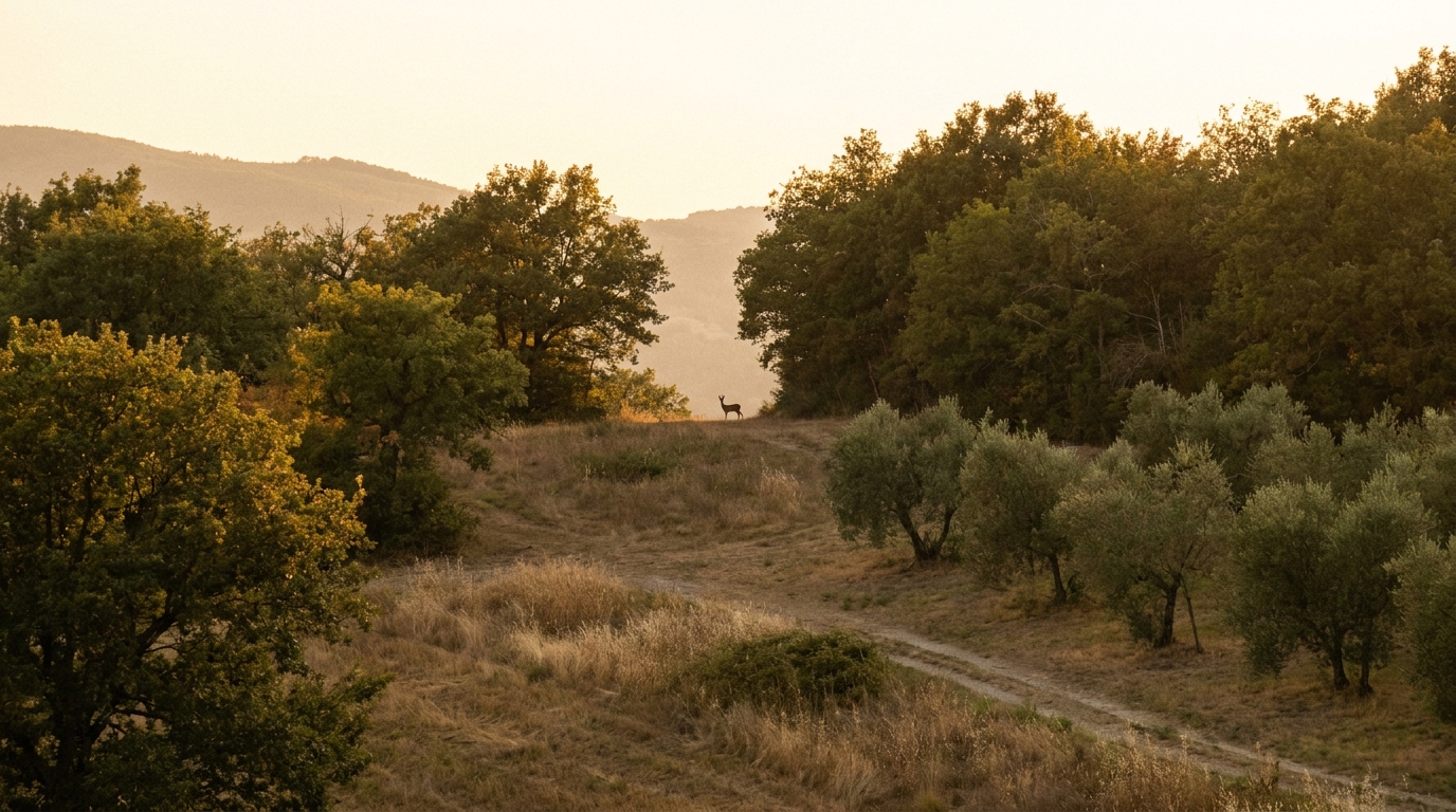 Bosco e collina al tramonto vicino all'agriturismo