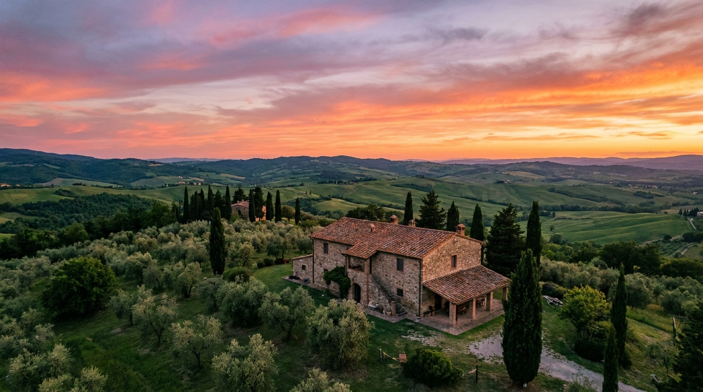 Vista al tramonto dalla collina dell'Agriturismo Monte Della Dea