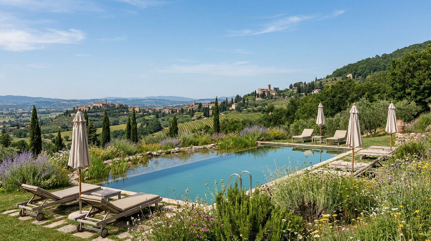 Piscina dell'agriturismo con vista sulla vallata
